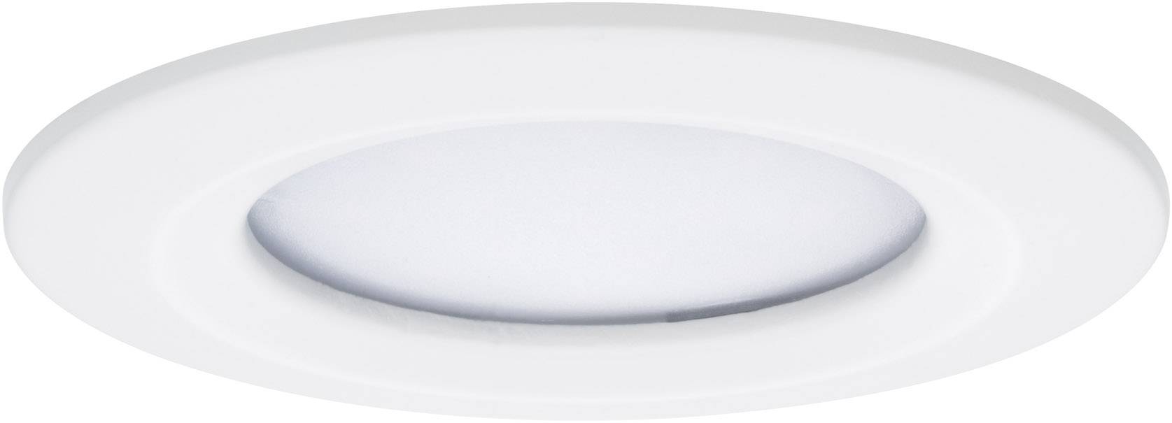 En rund, hvid, flad loftslampe, der giver et afdæmpet lys.