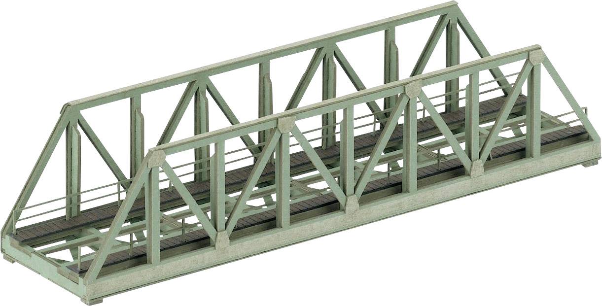 En grøn stålbro med gitterdesign, set fra siden. Egnet til modeljernbaneanlæg i H0-skala.