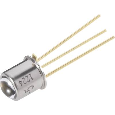 En rund, metallisk transistor med tre guldfarvet tilslutninger på hvid baggrund.