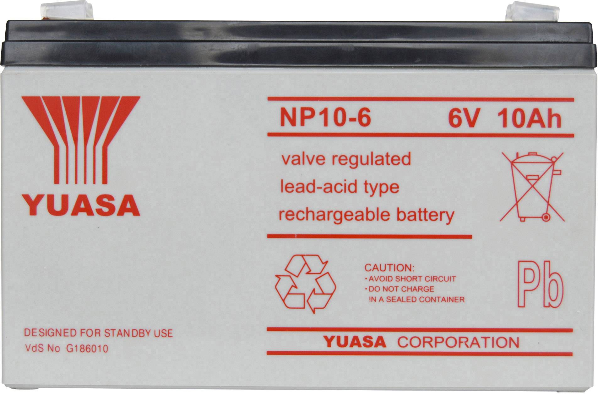 Grå blysyrebatteri fra Yuasa med 6V og 10Ah. Advarsel: Undgå kortslutning. Egnet til standby-drift.