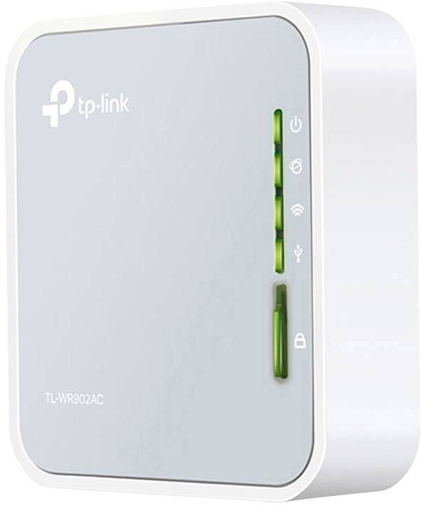 En kompakt WLAN-router fra TP-Link, model TL-WR902AC, med flere grønne LED-indikatorer for strøm, WLAN og signalstyrke.