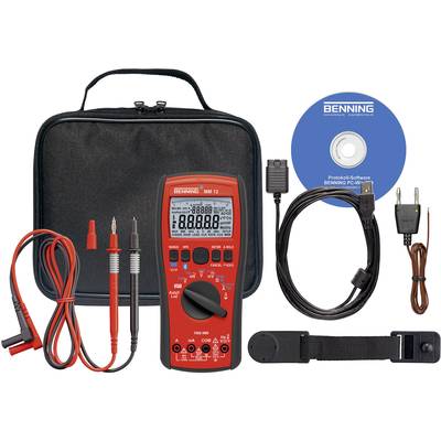 Et rødt multimeter med kabler og tilbehør, herunder bæretaske, CD, datakabel og temperatursensor.