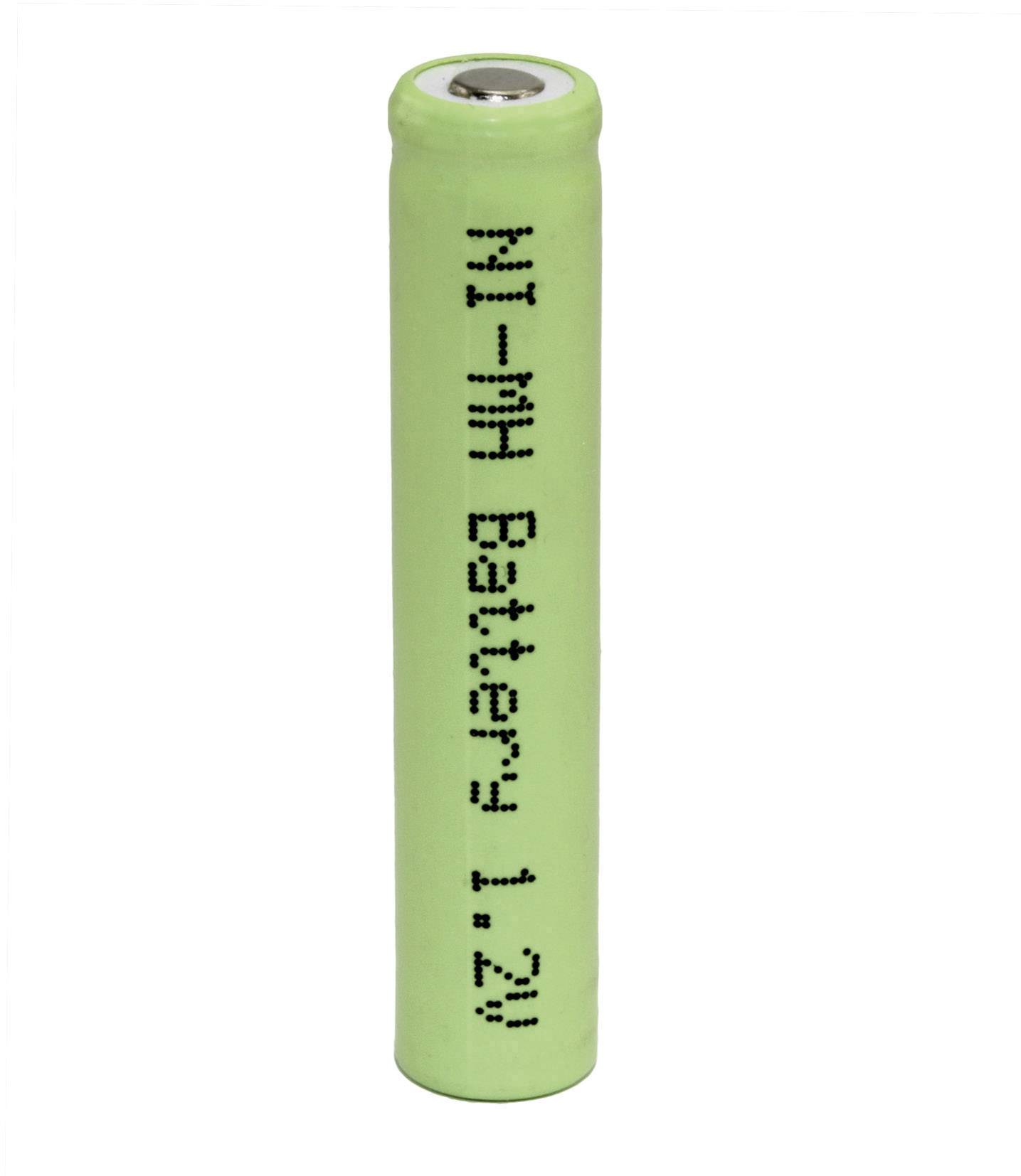 Grøn Ni-MH-batteri med påskrift 'Ni-MH Battery 1.2V', placeret lodret på hvid baggrund, viser batteritypen og spændingen.