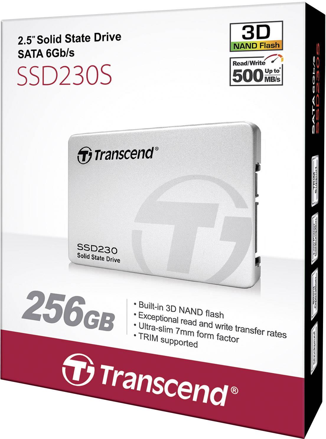 Transcend SSD230S 256GB, 2,5" Solid State Drive med 3D NAND Flash, SATA 6Gb/s, maksimal læsehastighed på 500 MB/s, TRIM-understøttelse.
