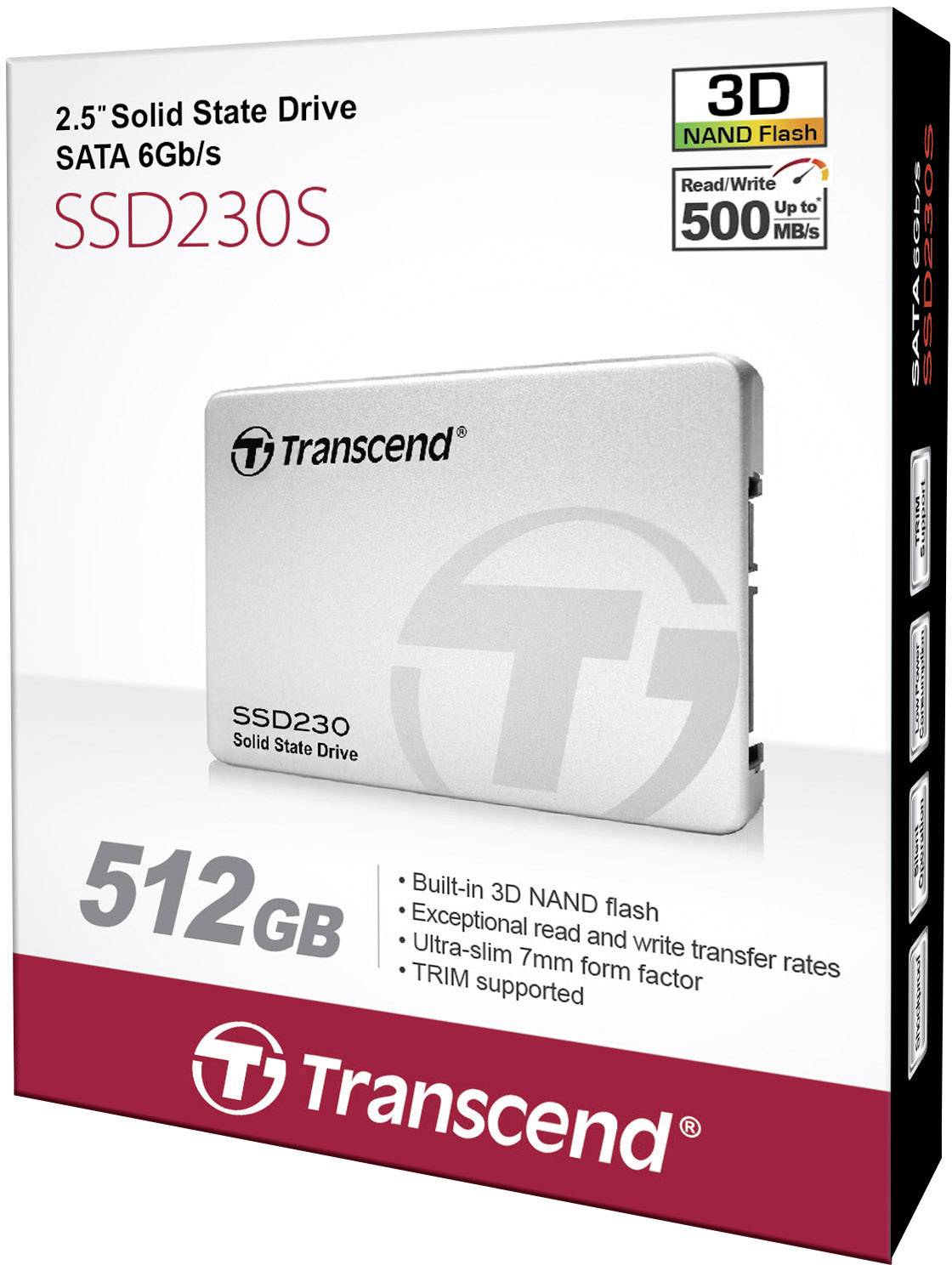 Transcend 512 GB SSD230S Solid State Drive pakket, med 2,5" SATA 6Gb/s interface, 3D NAND Flash og op til 500MB/s.