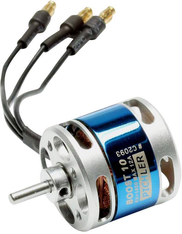 Børsteløs elektromotor med blå kapsling og tre kabelstik, egnet til modelfly eller droner.
