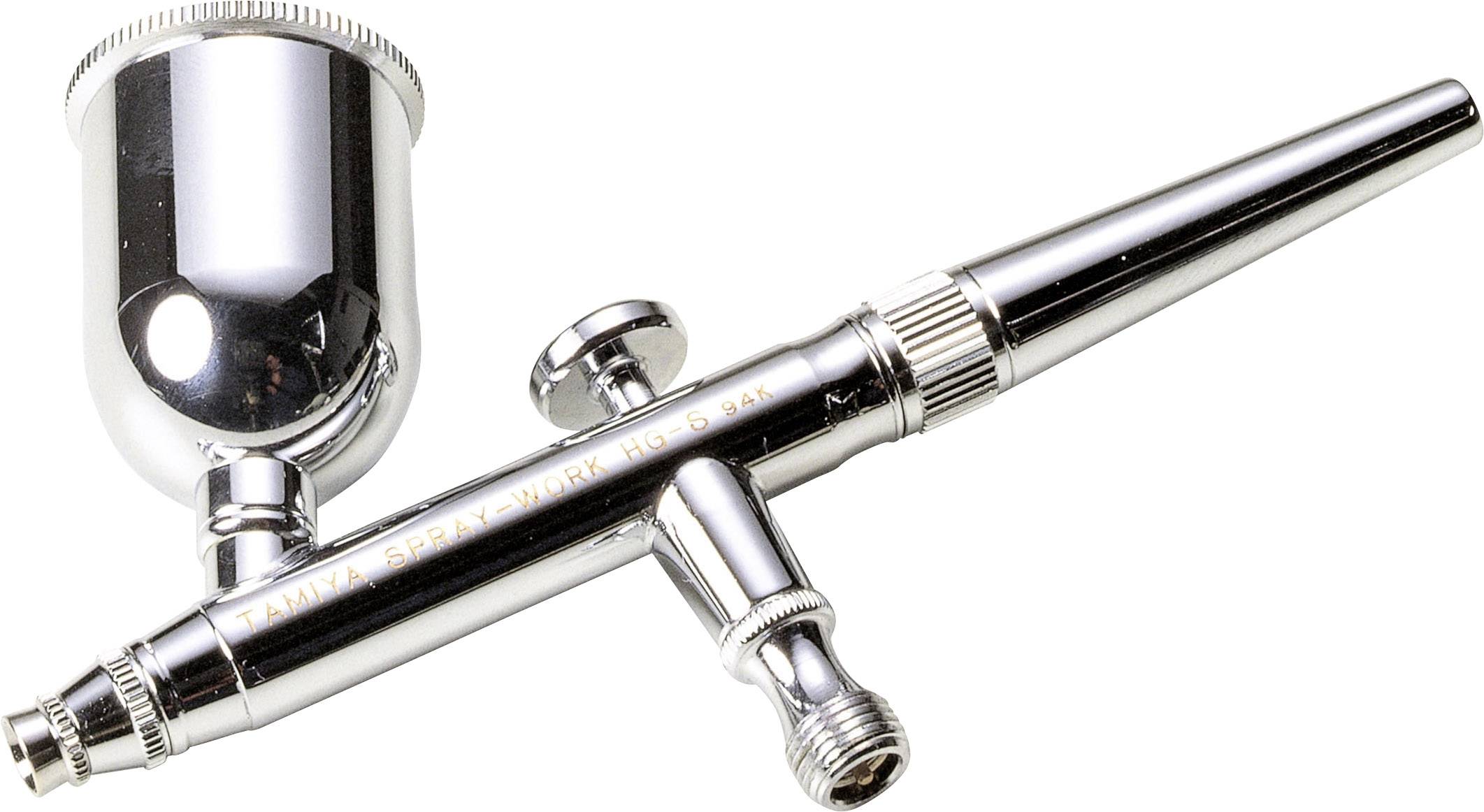 Metalsprøjtepistol til præcis farve- eller lakfordeling; cylinderformet krop med fin dyse og justerbar farvebeholder.