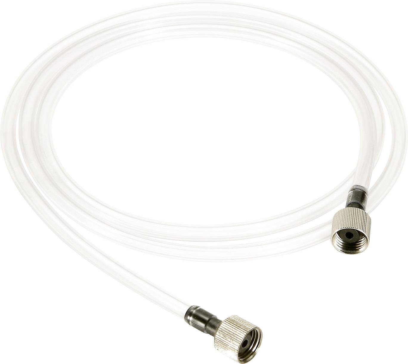 Gennemsigtig slange med metalfittings i begge ender, egnet til vand- eller luftforsyning i tekniske applikationer.