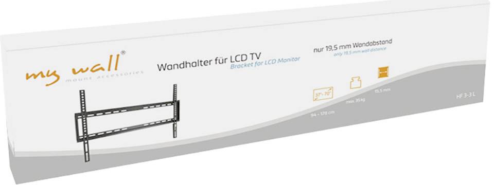 Emballage til vægbeslag til LCD-TV med monteringsvejledning. Vægafstand på 19,5 mm, bæreevne på 50 kg, kompatibel med TV op til 65 tommer.