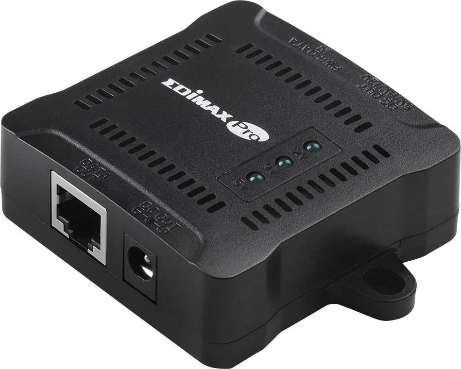 Et sort-grå Edimax-netværksapparat med Ethernet- og strømtilslutning. Tre grønne LED-lys viser driftsstatus.