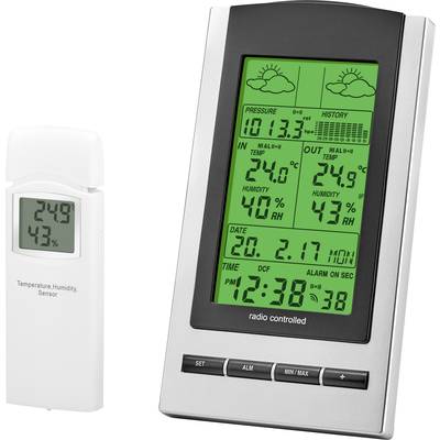 Digitalt termometer med vejrstation. Viser udetemperatur på 24,9°C, indendørs 20,7°C, luftfugtighed 43%, vejrudsigt med skydannelsessymboler.