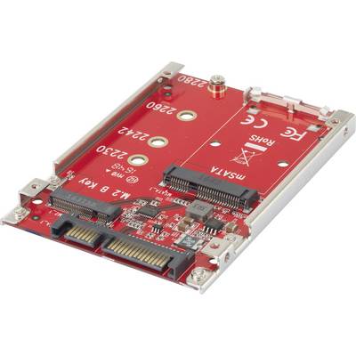 Rød printkort til en M.2 SATA SSD med stik og fastgørelseshuller, viser tekniske detaljer og layout for adapteren.