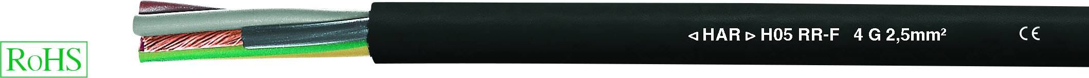 Et elektrisk kabel mærket 'H05RR-F 4G2,5mm²', omgivet af flere farvede ledninger. RoHS-logoet er synligt.