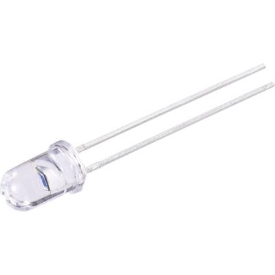 En transparent, cylindrisk LED med to lange metalben, vist på en hvid baggrund.