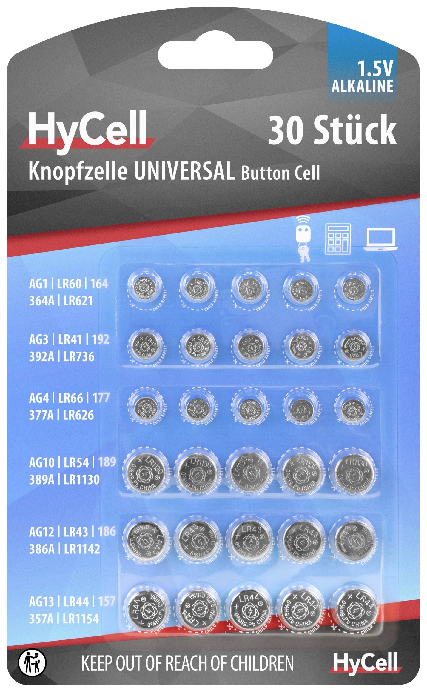 30 stk. knapbatterier, 1,5V Alkaline, mærkenavn HyCell. Forskellige størrelser: AG1, AG3, AG4, AG10, AG12. Bemærk: Opbevares utilgængeligt for børn.