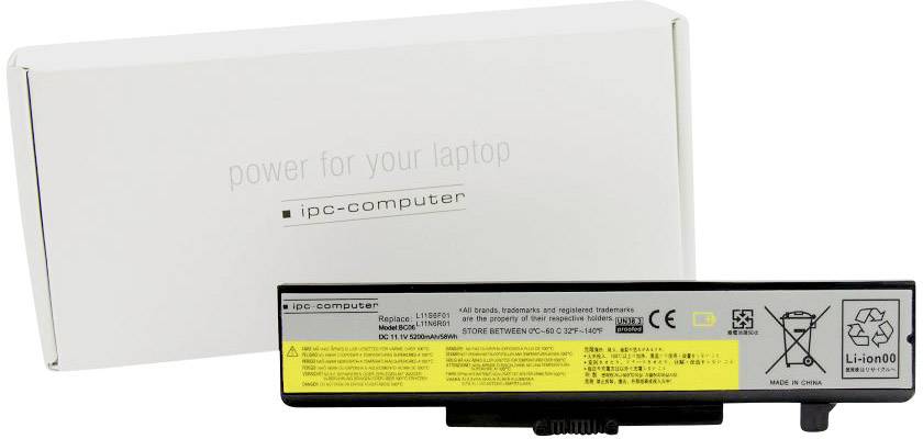 Bærbar computer-batteri fra ipc-computer med gul advarselsetiket, kompatibel med specifikke bærbar computer-modeller. Emballage i baggrunden.