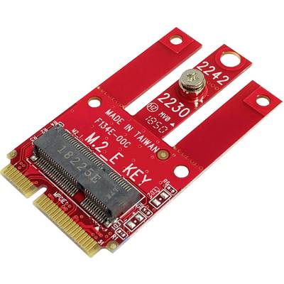 'Rote M.2-E nøgleadapterkort med slot og skrue, mærket med "MADE IN TAIWAN" og "M.2-E KEY".'