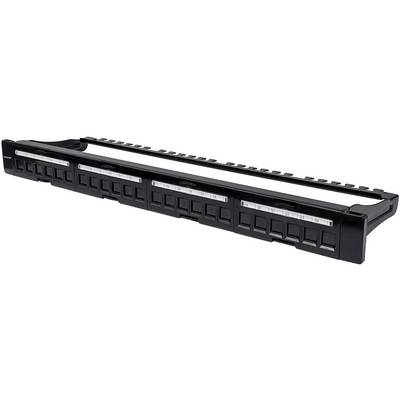 Et sort patchpanel med flere kabelstik, egnet til netværkskabler i et serverrum eller datacenter.