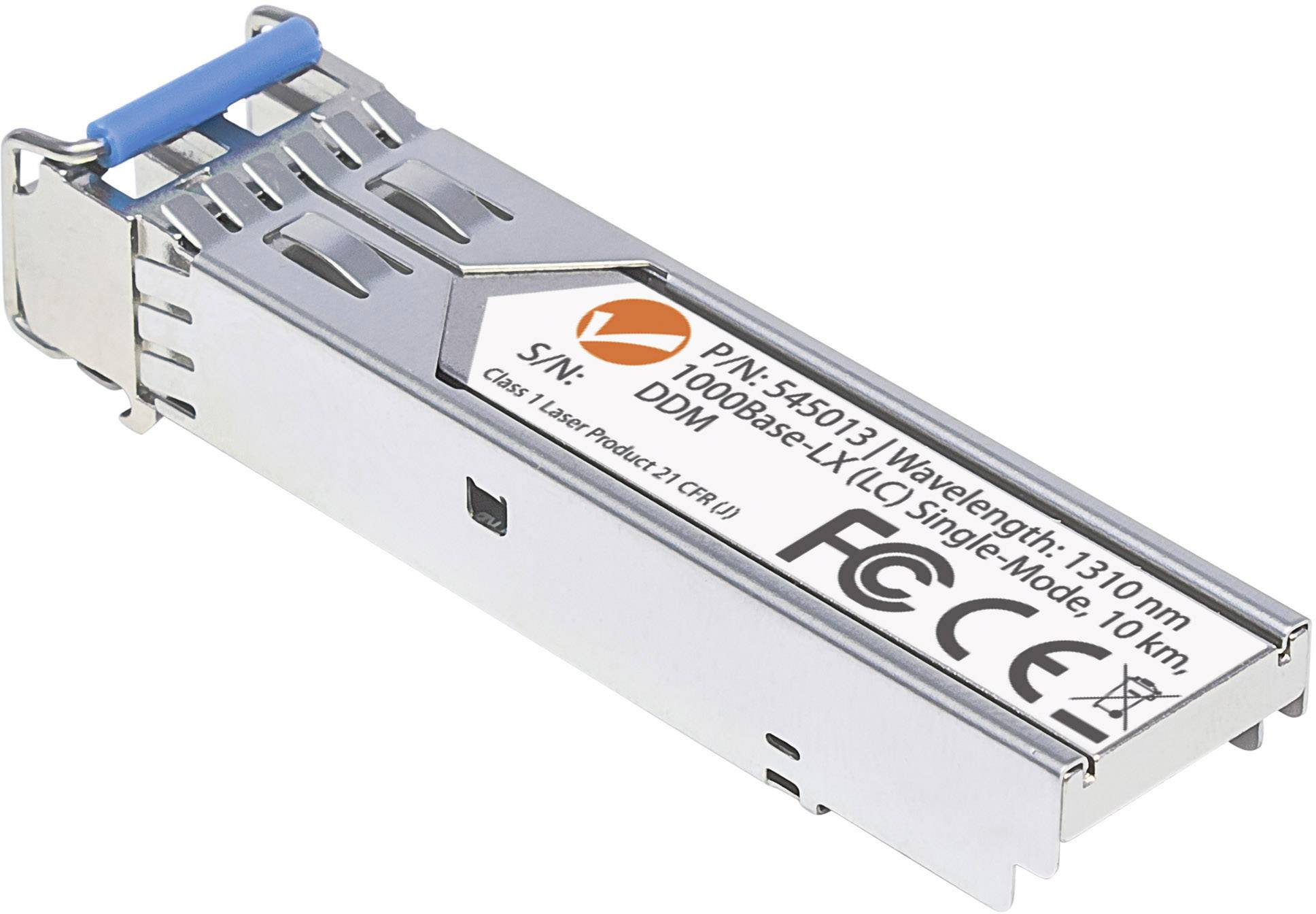 En sølvfarvet SFP-transceiver med en blå flig, hvorpå tekniske detaljer som bølgelængde 1310 nm og rækkevidde 10 km er trykt.