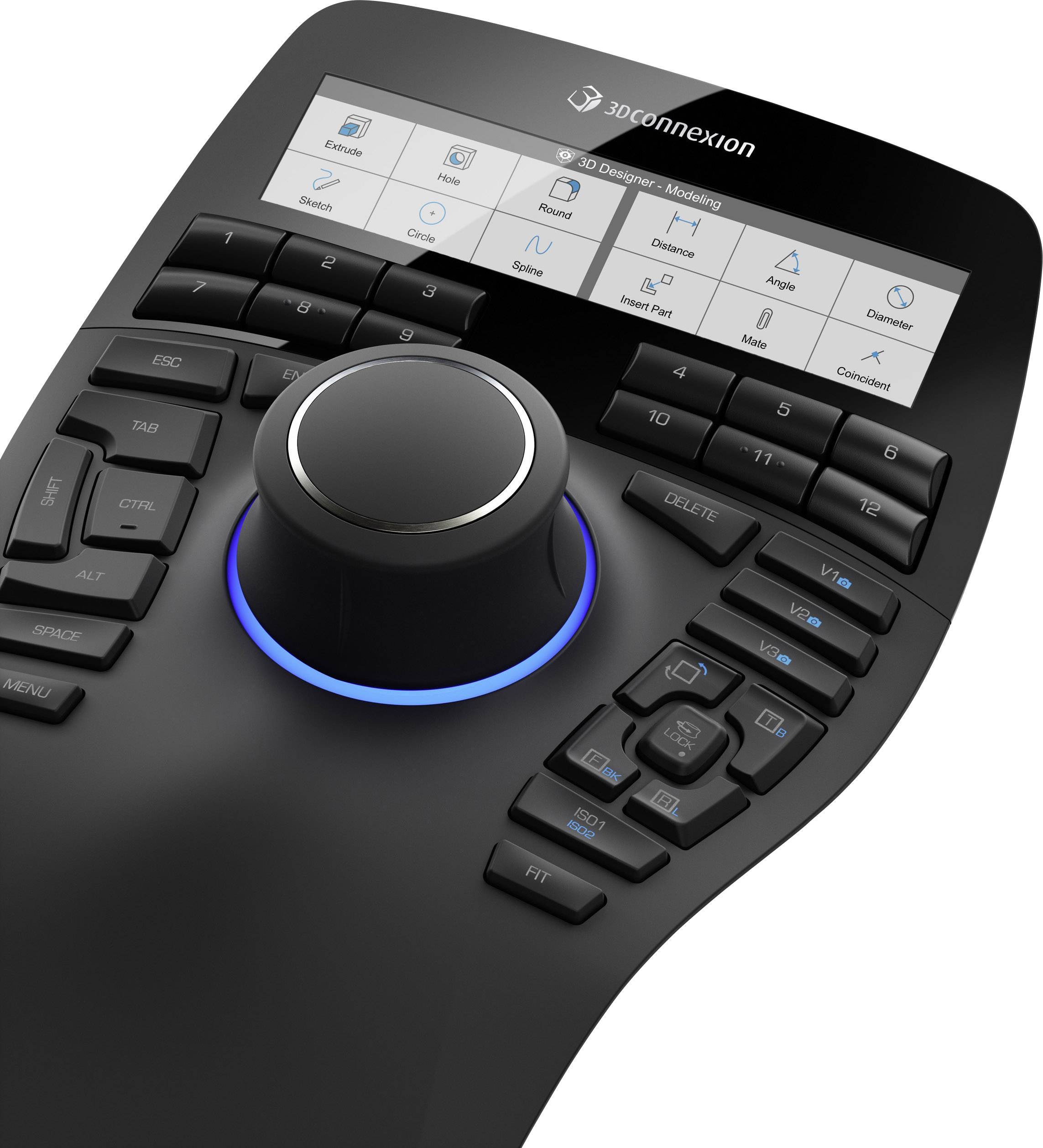 En sort 3D-inputenhedscontroller med talrige knapper og et centralt drejehjul med en blå lysring. På displayet øverst er forskellige menuindstillinger synlige.