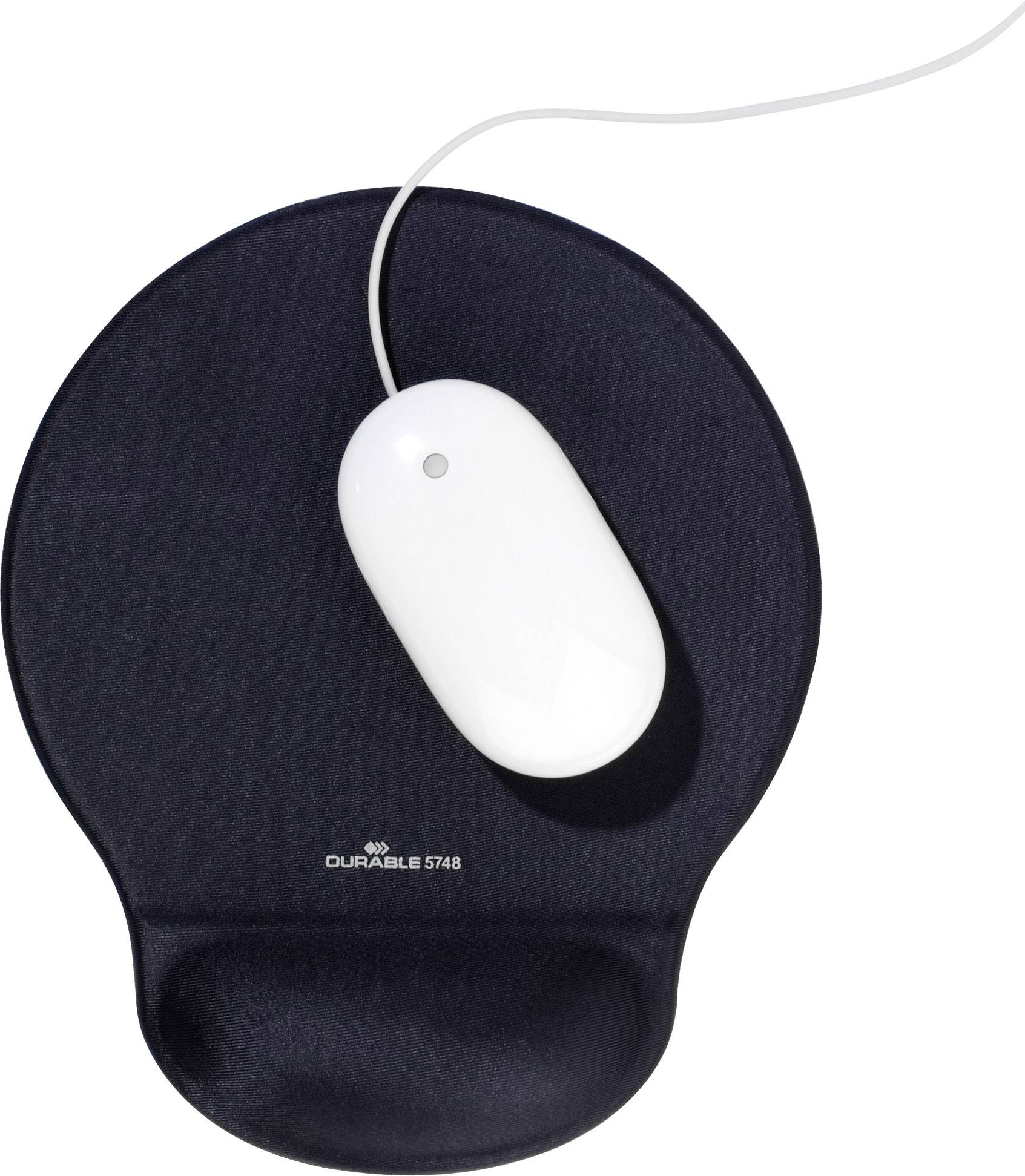 Hvid computermuse på sort ergonomisk musemåtte med håndledsstøtte, set oppefra.