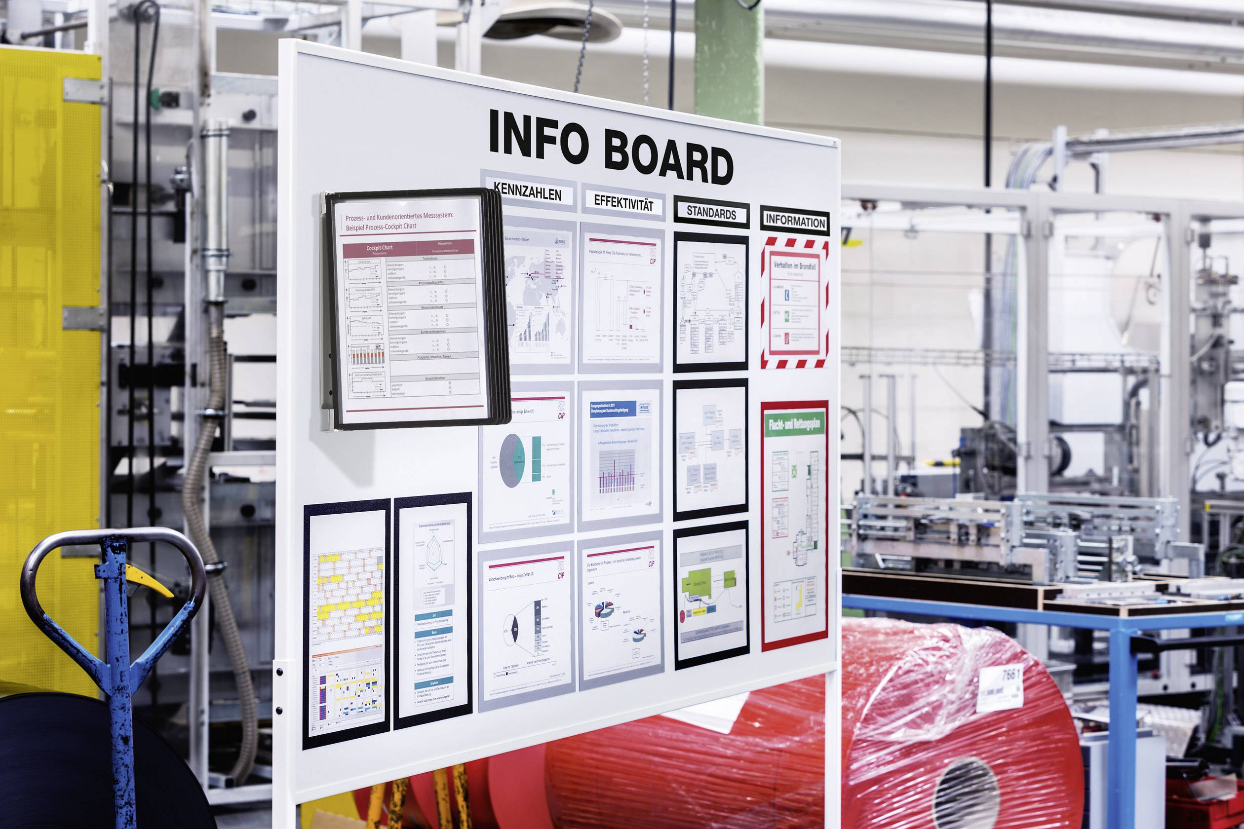 Et informationstavle i en fabrikshal viser diagrammer og instruktioner om sikkerhed og effektivitet på arbejdspladsen. I baggrunden ses maskiner.
