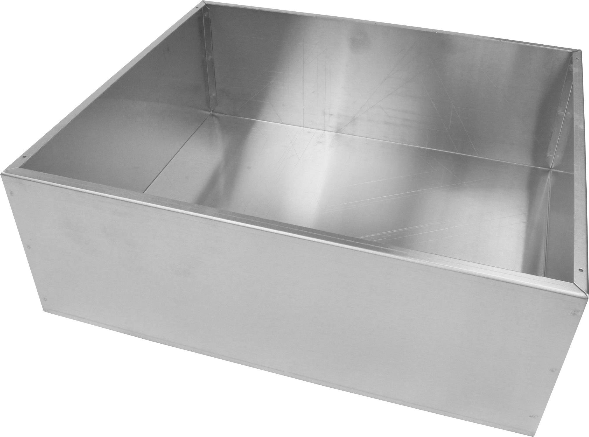 En rektangulær beholder af metal med glatte, blanke overflader. Egnet til industrielle eller kommercielle formål.