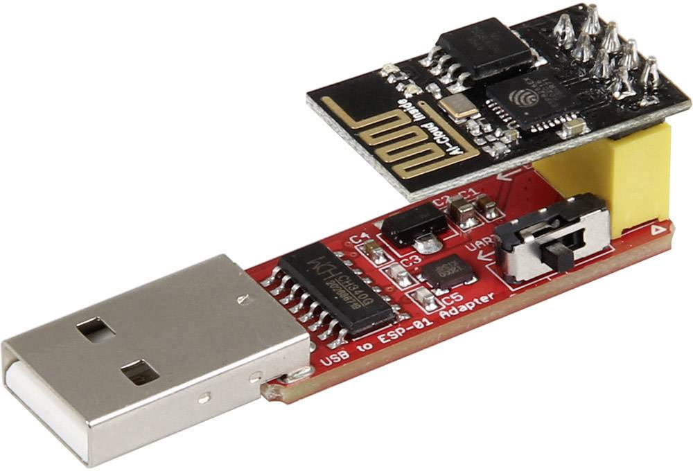 En USB-til-ESP01-adapter med et ESP8266-WiFi-modul. Adapteren er rød med flere elektroniske komponenter.