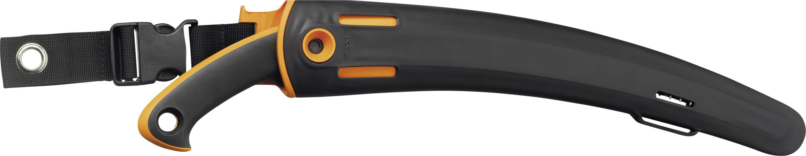 En sort kniv i et orange etui med bælteclips, placeret vandret, viser designet og fastgørelsesmulighederne.