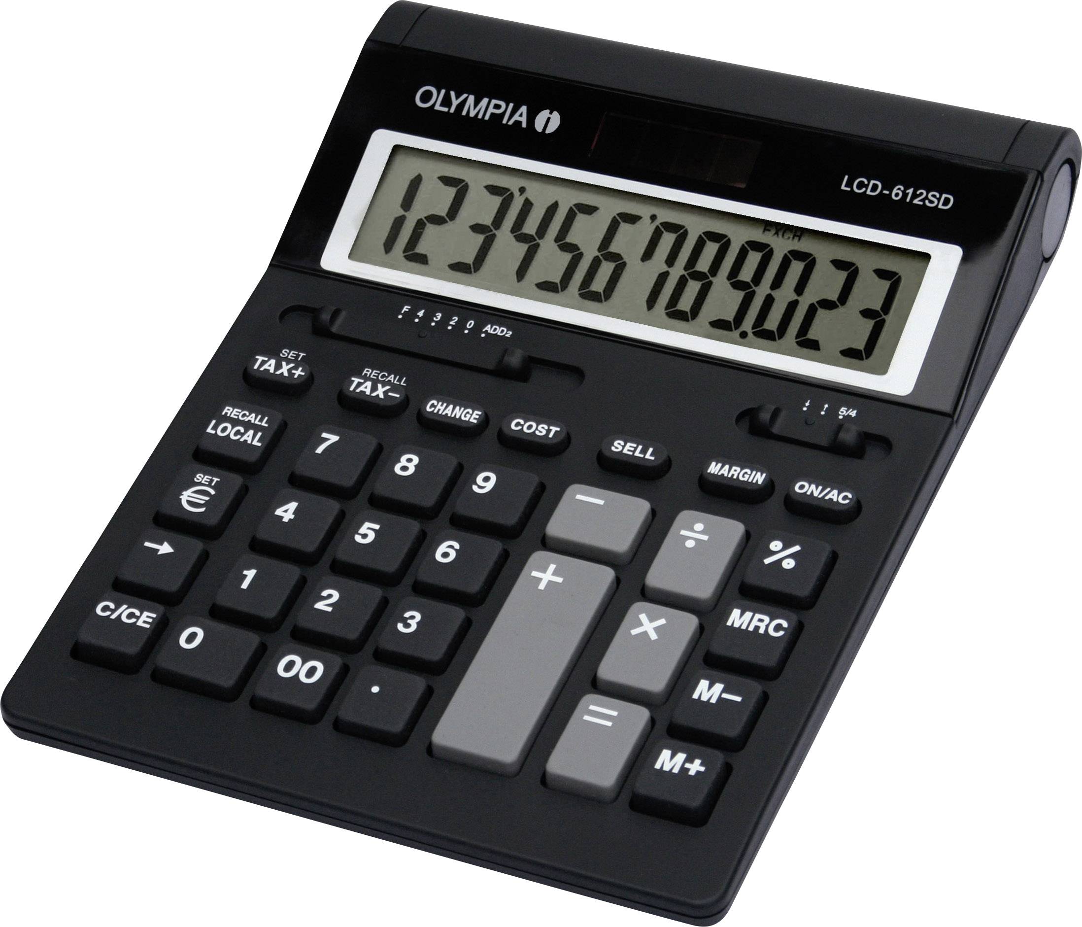 Sort bordregnemaskine med store, hvide taster og digitalt display, viser tallet '123456789.023'.