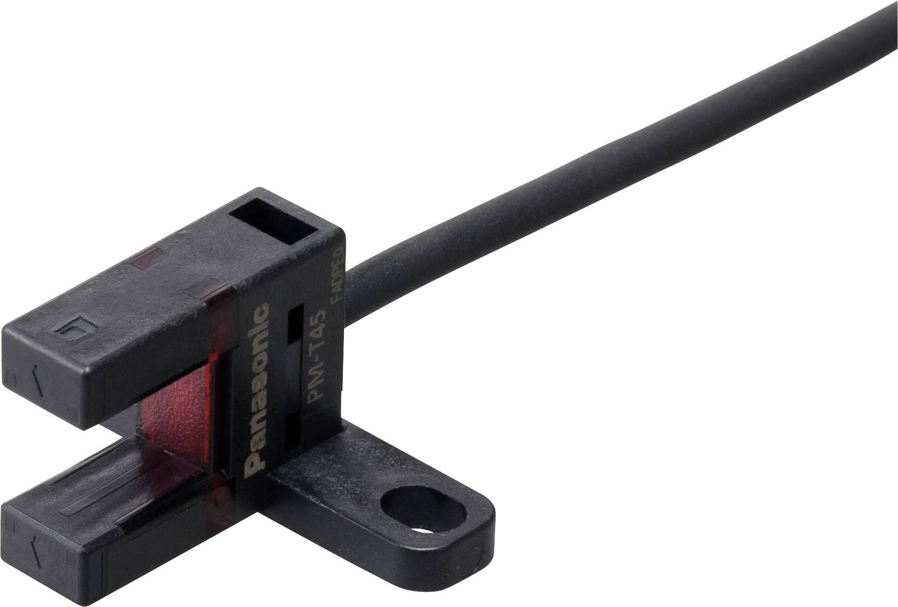 Sort optoelektronisk sensor med rødt lys, monteret på holder. Mærkning: Panasonic PV-T45.