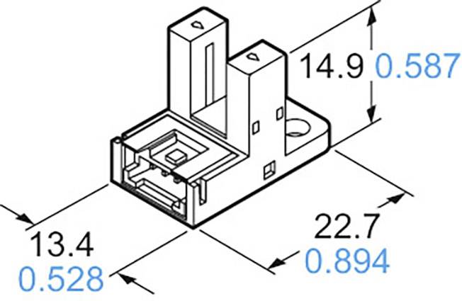 Isometrisk teknisk tegning af en komponent med mål: Bredde 13,4 mm, Højde 14,9 mm, Længde 22,7 mm. Mål i tommer og millimeter.