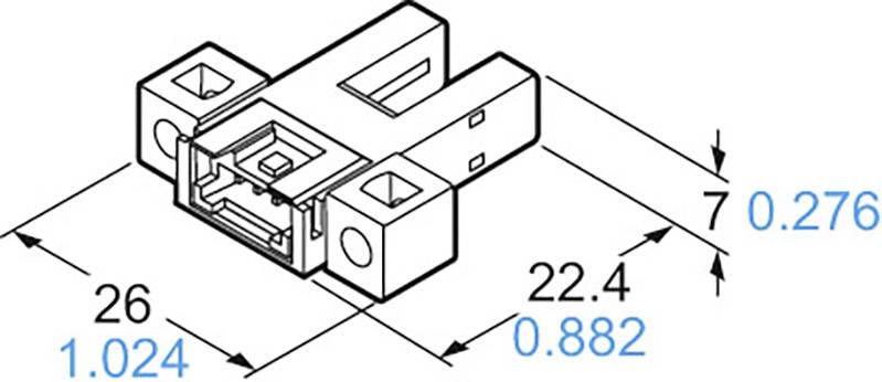 Teknisk tegning af en rektangulær stikforbinder med mål: 26 mm x 22,4 mm x 7 mm. Mål er angivet i mm og tommer.