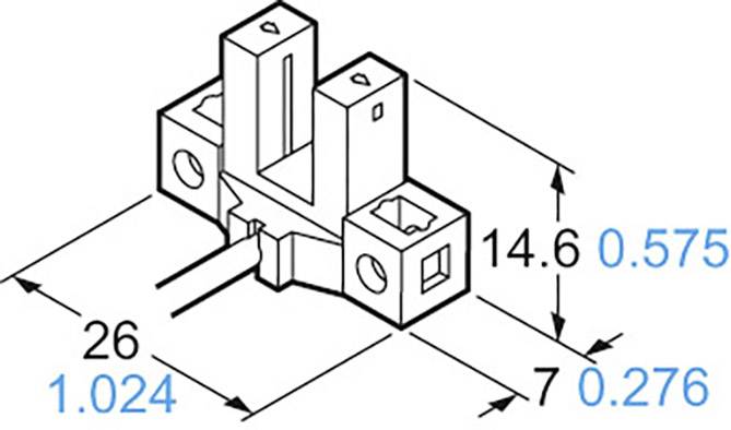 Teknisk tegning af et tredimensionalt emne med dimensioner: 26 mm x 14,6 mm x 7 mm. Tal i blå viser mål i tommer.