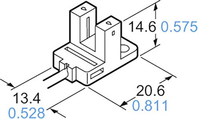 Teknisk tegning af en sensor med måleangivelser i millimeter og tommer. Hovedmål: Bredde 13,4 mm, højde 14,6 mm.