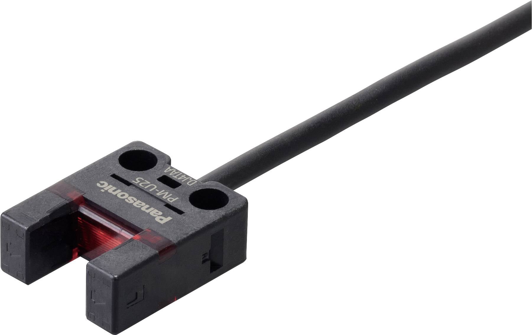 En sort, rektangulær, kabelført sensor med rødt lys. Påskrift: 'Panasonic PM-L25'.