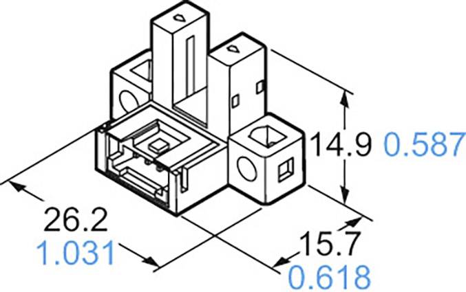 Teknisk tegning af en komponent med dimensioner: 26,2 mm længde, 15,7 mm bredde, 14,9 mm højde. Mål fremhævet med blåt.