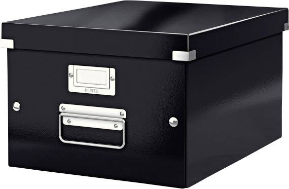 Sort arkivboks med metalbeslag og etikettholder på forsiden, perfekt til sikker opbevaring af dokumenter.
