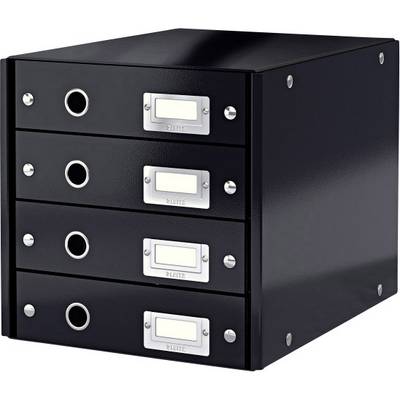 Sort skuffe-reol med fire hylder og runde grebshuller. Hver hylde har et etiketskilt.