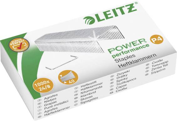 Leitz Power Performance P4 hæfteklammer, 1000 styk, til 24/8 klammer. Emballage viser klammernes illustration og varemærkets logo.