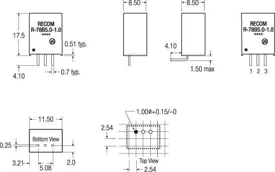 Principdiagram for en elektronisk komponent med dimensioner og placeringer af tilslutninger. Tre visninger viser for-, side- og undersiden.