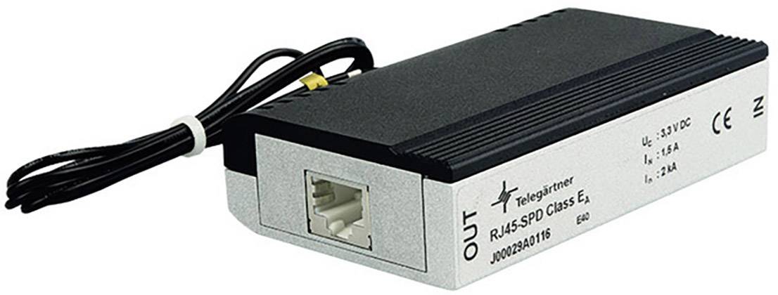 Lille rektangulær enhed med RJ45-stik og kabel, som beskytter elektroniske enheder mod spændingsstigninger.