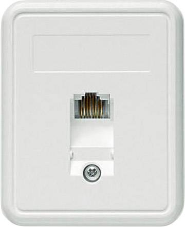 Et hvidt netværksstik med Ethernet-tilslutning, monteret på en væg.