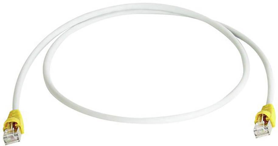 Et hvidt Ethernet-kabel med gule stik i begge ender, bruges til netværksforbindelser.