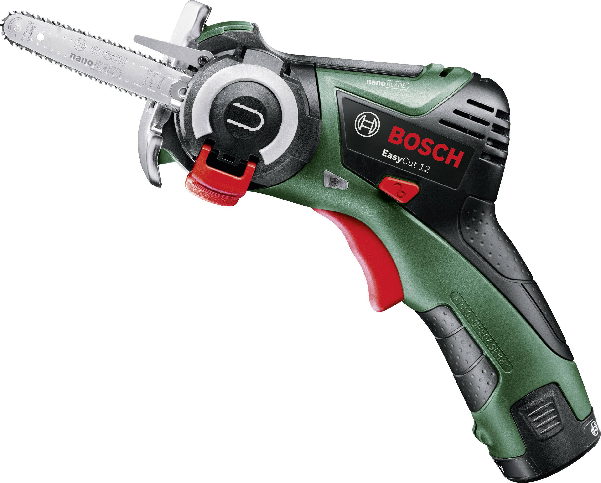 Trådløs kædesav fra Bosch, model EasyCut 12, grøn og sort, med rød kontakt, velegnet til lette skæreopgaver.