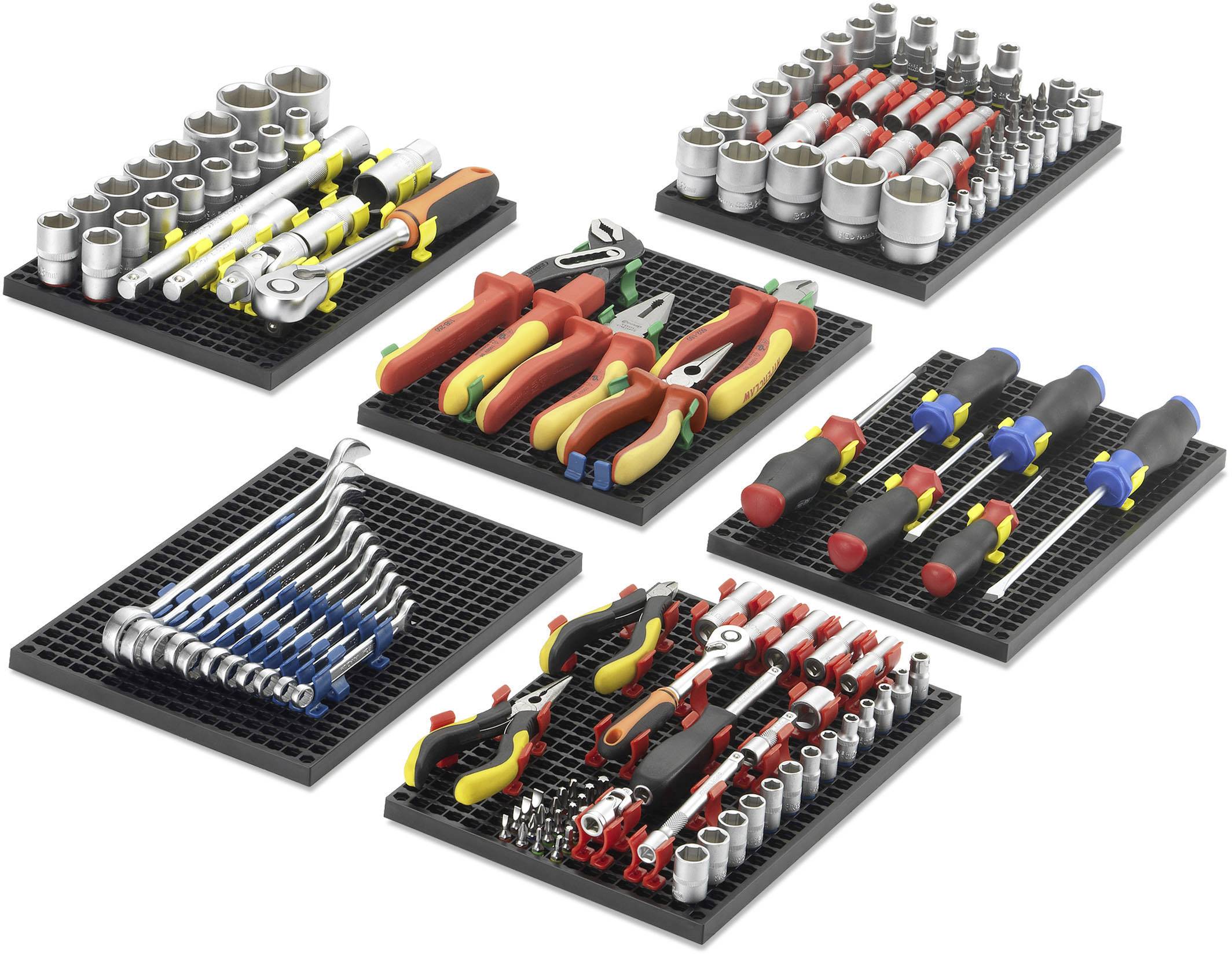 Forskellige værktøjssæt på sorte holdere: Ringnøgler, skruetrækkere, tænger, topnøgler og bits.