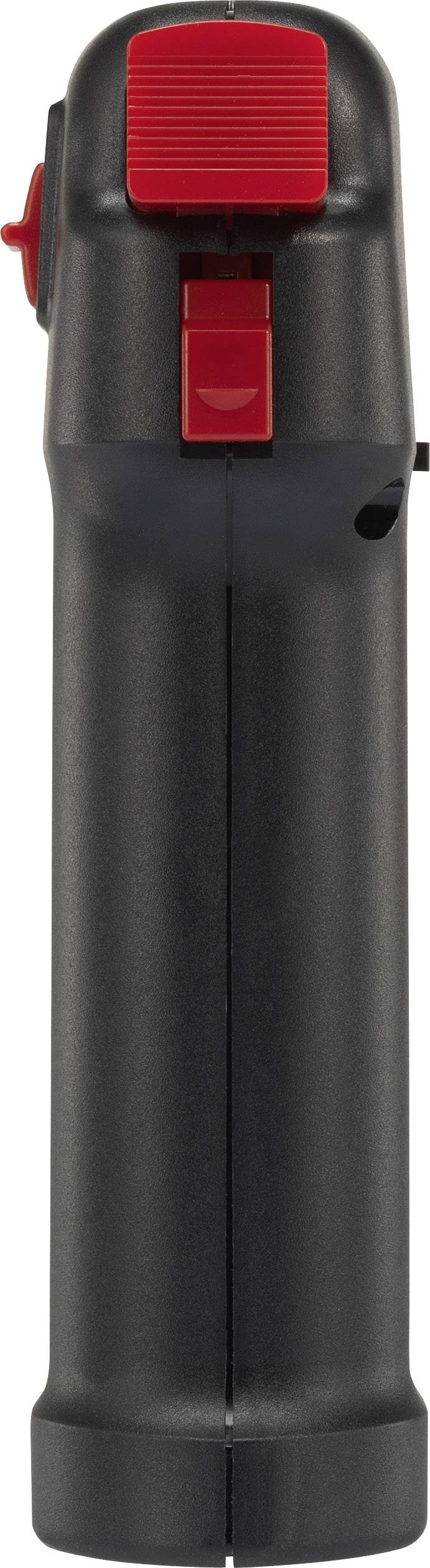 En sort, cylinderformet lighter med en rød kontakt øverst, sandsynligvis et køkken- eller håndværksredskab til at tænde ild med.