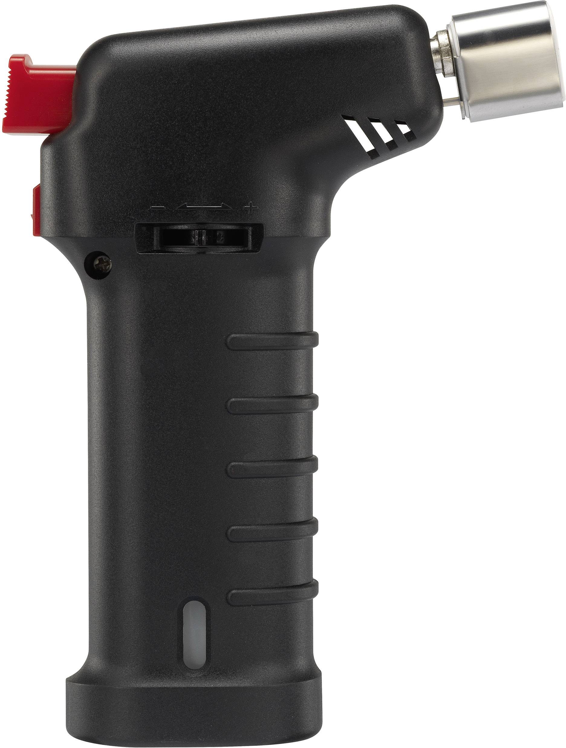 En sort håndbrænder med en rød knap og sølvfarvet dyse, velegnet til præcise loddeopgaver eller køkkenanvendelser.