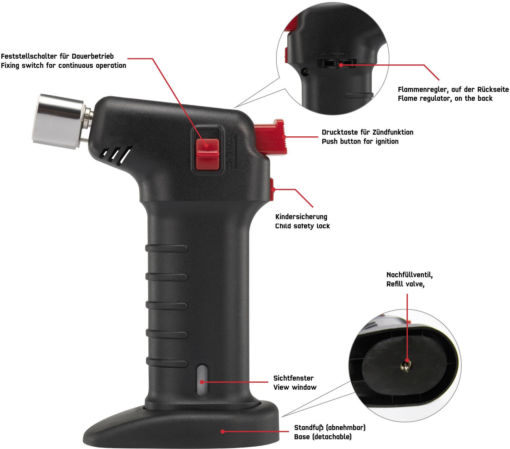 Praktisk brænder med børnesikring, tændingsknap samt flamme- og driftsafbryder. Påfyldningsventil og kighul integreret.