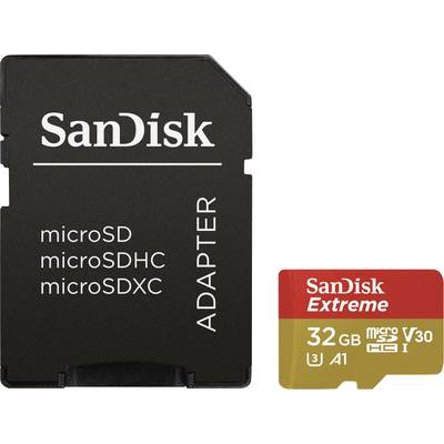 Et SanDisk microSDXC-kort med 32 GB kapacitet ligger ved siden af et sort adapterkort.